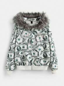 ROMWE Y2K Abby Street Fashion Forward Dollar Bill Print Bling Fuzzy Cap & Loose Women Sweatshirt
