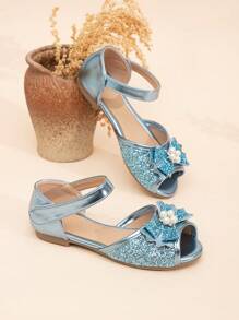 Girls Glitter Patent Faux Leather Pearl Rhinestone Bowknot Decor Open Toe Flat Princess Sandals - Blue - View 5
