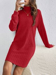 SHEIN Frenchy Women's Turtleneck Long Sleeve Ribbed Bodycon Textured Fabric Black Dress,New Years Women Outfit