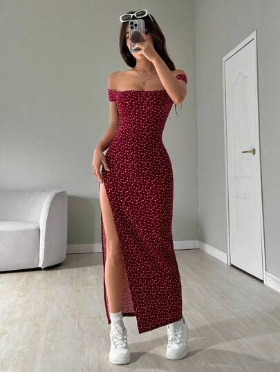 SHEIN EZwear Vestido largo con abertura lateral y estampado completo, hombros descubiertos para mujeres