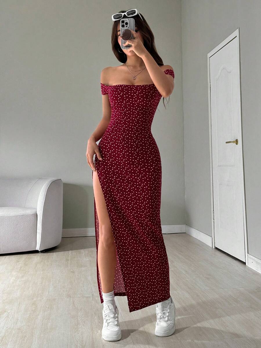 SHEIN EZwear 女式露肩全印花长开衩连衣裙 - 紅色 - 查看 1