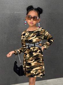 Girls Casual Versatile Sport Classic Camouflage Round Neck Long Sleeve Waist Cross Letter Ribbon Cropped Dress - Army Green - View 1