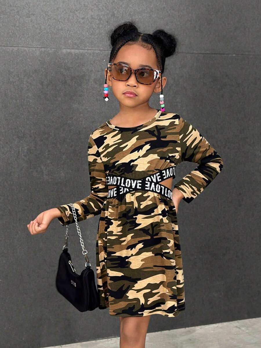 Girls Casual Versatile Sport Classic Camouflage Round Neck Long Sleeve Waist Cross Letter Ribbon Cropped Dress - Army Green - View 1