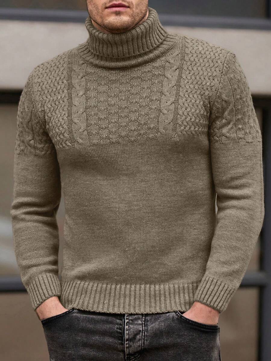 EURMUSE Solid Color High Neck Cable Knit Casual Pullover Sweater - Camel - View 1
