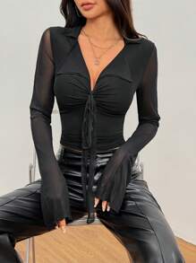 INAWLY Camiseta casual de mujer de unicolor con cuello de lazo - Negro - Ver 6