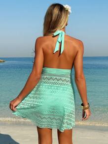 Swim Lushoire Women Ruffle Waist Backless Two-Piece Swimdress Summer - Mint Green - View 2
