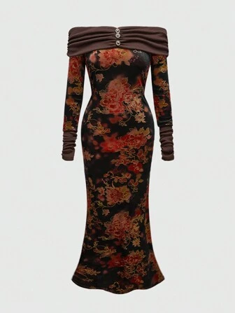 Hippie Vintage Velvet Metallic Print Sexy & Elegant Off-Shoulder Dress For Women, For New Year