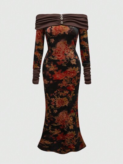 Hippie Vestito vintage da donna elegante e sexy con scollo a spalle scoperte, in velluto con stampa metallica, adatto per Capodanno