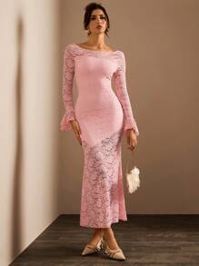 SHEIN Glamour Đầm Maxi Ren Tay Dài Đơn Giản Ôm Vừa Thanh Lịch Cho Nữ, Trang Phục Nữ, Đầm Ren - Hồng - Xem 1