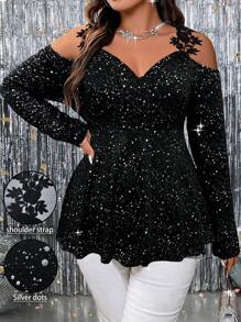 SHEIN Clasi ملابس علوية كنزة طويلة الأكمام مفتوحة الكتف مزينة بالبريق، مناسبة للسهرات، تيشيرتات نسائية مطبوعة للربيع - الأسود - مشاهدة 1