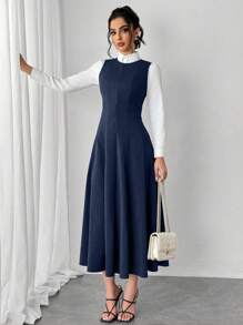 Chiquease Sleeveless A-Line Waist Cinched Round Neck Casual Midi Dress, Daily Versatile