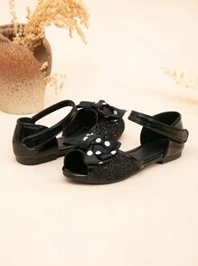 Sandalias planas tipo princesa para niñas con decoración de lazo de purpurina y punta abierta