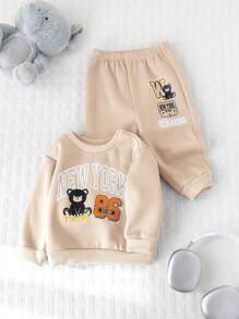 Cozy Pixies 2pcs/Set Baby Boy Letter Print Crewneck Long Sleeve Sweatshirt And Elastic Cuff Pants Clothes Set - Multicolor - View 10