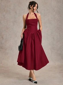 SHEIN BAE 优雅女士长裙，适合日常约会和外出，秋夏喇叭裙 - 酒紅色 - 查看 5