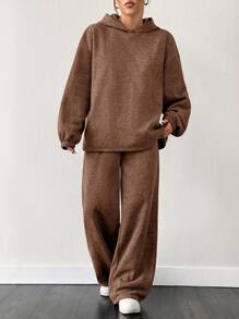 SHEIN EZwear 两件套：宽松保暖连帽卫衣和阔腿运动裤，棕色 - 棕色 - 查看 3