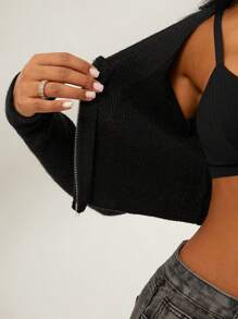 SHEIN SXY Asymmetric Butterfly Sleeve Cropped Metallic Zipper Cardigan, Versatile Knitted - Black - View 1