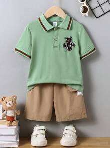 SHEIN Jonge jongen Cartoon Beer Contrast Kleur Korte Mouw Casual Polo Top En Shorts 2 Stuks Set