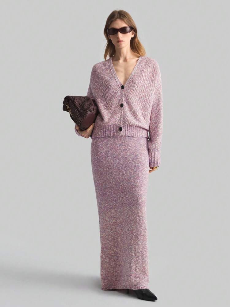 2pcs Women Spring Outfit Containing 4% Knitted, Featuring Lavender Button Front Cardigan & Floral Knitted Top. Casual Batwing Sleeve Sweater For Ladies.