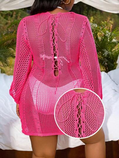 Slaydiva 大码女式镂空后背系带长袖修身针织迷你连衣裙 夏季