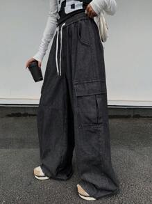 女式宽松直筒牛仔裤，大口袋，休闲工装裤 - 黑色 - 查看 10