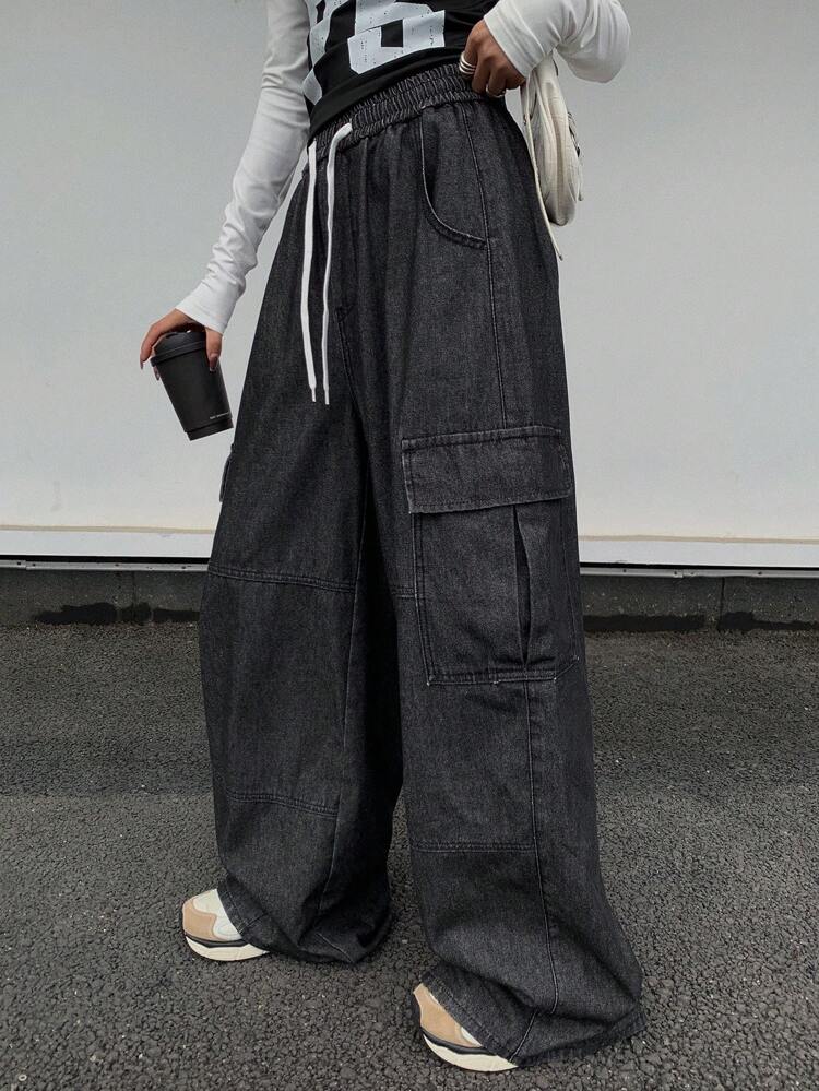 Women's Loose Straight Leg Jeans With Large Pockets, Casual Cargo Pants