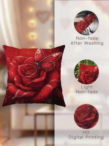 2 件情人节装饰玫瑰花朵蝴蝶天鹅绒抱枕套浪漫红色舒适柔软装饰枕套单面印花适用于客厅卧室沙发床装饰不含枕芯适合圣诞节 - 紅色 - 查看 4