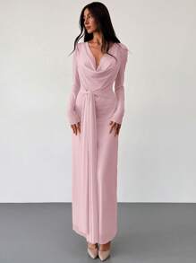 Aloruh Deep Draped Neck Long Sleeve Tight-Fitting Mesh Lace Dress, Apricot, Romantic For Date & Outing,Summer Dresses For Women,Pastel Dresses For Women