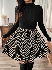 SHEIN Frenchy 大码纯色撞色立领长袖短款休闲连衣裙