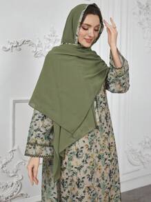 Al Najma Round Neck Floral Patchwork Solid Color Fringed Edge Abaya Dress With Headscarf, Modest - Green - View 3