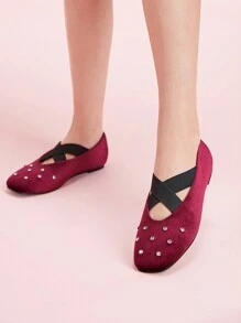 CUCCOO DOLLMOD 勃艮第红韩国天鹅绒材质 + 铆钉精制复古女式平底鞋 - 酒紅色 - 查看 3
