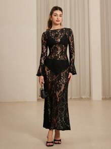 Aveloria Rosie Robe en dentelle transparente à manches évasées, col rond, taille élastique, élégante et sexy. Gracieuse pour les dames au printemps/été, Saint-Valentin