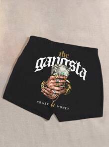 Slaydiva Money Power Letter Graphic Women Casual Shorts, Spring/Summer Suitable For Going Out - Black - View 3