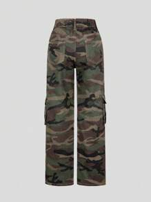 SHEIN Explorewe TWEEN GIRL Y2K 街头酷炫迷彩印花平口袋松紧腰工装牛仔裤 - 軍綠色 - 查看 2