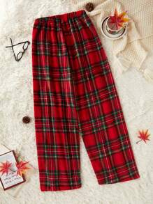 Pantalones de franela holgados y casuales con estampado de cuadros navideños para mujer - Multicolor - Ver 2
