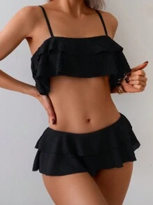 SHEIN Swim Summer Beach Ruffle Trim Bikini Set - Black - View 5
