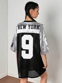 SHEIN Tienermeisjes Zwart Color Block Zilveren Letter & Numerieke Sterrenprint Blauw Sportief Streetwear Casual Contrasterende Kleur Campus T-shirt