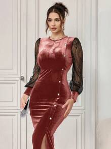 Modelyn Women Fitted Lace & Mesh Splice Long Sleeve Slit Dress Long Evening Dresses Fall Cloth For Women