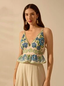 CAJUNI 女式波西米亚风彩色热带花卉印花深 V 领吊带背心、无袖短款海滩吊带背心，适合度假和休闲，夏季