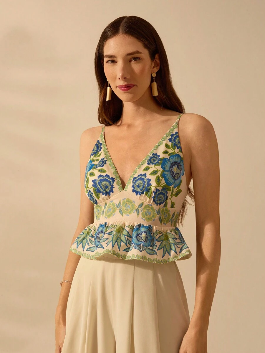 CAJUNI 女式波西米亚风彩色热带花卉印花深 V 领吊带背心、无袖短款海滩吊带背心，适合度假和休闲，夏季