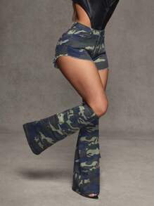 SHEIN BAE Women's Camo Print Pocketed Frayed Hem Casual Denim Shorts With Leg Warmers - Multicolor - View 5