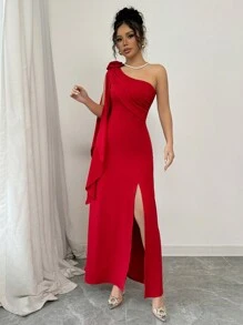 Selianne Váy xòe tay loe xẻ họa tiết hoa một bên vai màu đỏ - Đỏ - Xem 3