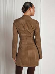 COSMINA Women Casual Striped Stand Collar Long Sleeve Mini Dress - Coffee Brown - View 2