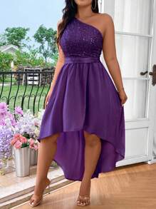 SHEIN Belle Vestido largo con escote asimétrico, parches de lentejuelas y parte delantera corta y parte trasera larga sin mangas para mujer en talla grande de un solo color - Morado - Ver 5