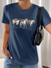 INAWLY 女士马匹印花圆领短袖休闲 T 恤图案 T 恤女式上衣