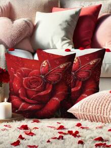 2 件情人节装饰玫瑰花朵蝴蝶天鹅绒抱枕套浪漫红色舒适柔软装饰枕套单面印花适用于客厅卧室沙发床装饰不含枕芯适合圣诞节 - 紅色 - 查看 6