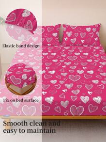 1pc Pink Hearts Fitted Sheet, Bedding, Mattress Protector, Bed Cover, Fitted Sheet, Comfortable Home Textile, Breathable Anti-Pilling Mattress Protector, Geometric Pattern Bed Cover, Home Decor, Fits All Bed Sizes, OEKO-TEX - Pink - View 6