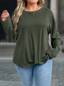 SHEIN LUNE Plus Size Women's Casual Twist Front Hem Long Sleeve T-Shirt, Spring/Autumn