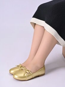 1 Paio Di Scarpe Da Principessa Piatte Da Ragazza In Pu Dorate Con Fiocco, Adatte Per Primavera/Estate