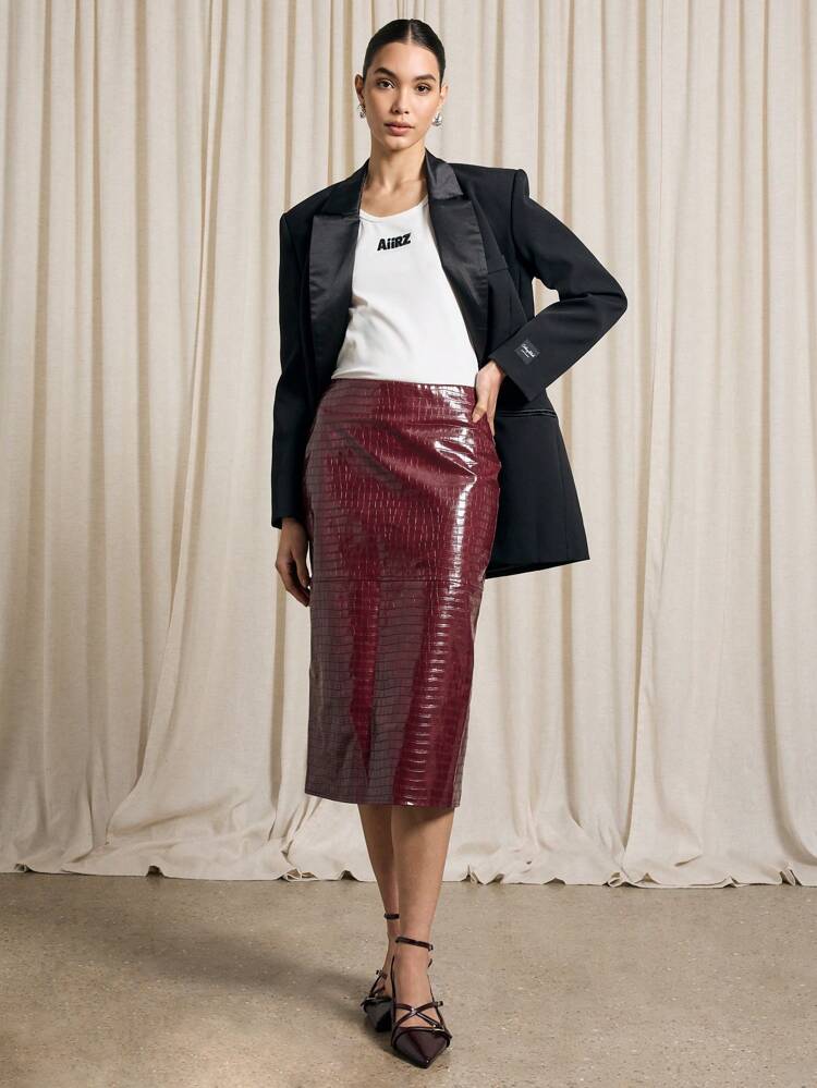 Faux Leather Crocodile Texture Midi Pencil Skirt With Back Slit