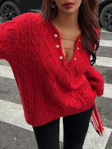 Chiquease 女士纯红色极简主义V领落肩麻花针织毛衣，休闲百搭，适合新年、情人节等节日，秋冬季针织套头衫。 - 紅色 - 查看 4